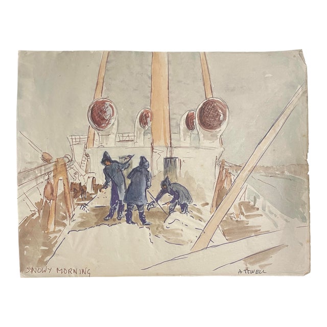 1950s Ivy Atwell Snowy Morning Onboard Nautical Watercolor For Sale