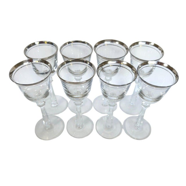 Vintage Mikasa Silver Mist 57618 Cordial Glasses Platinum Rim Set of 8, 1979-87 For Sale - Image 9 of 15