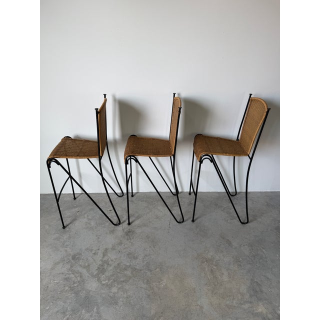 1970s 1970's Frederic Weinberg Style Rattan & Iron Bar Stools - Set of 3 For Sale - Image 5 of 14