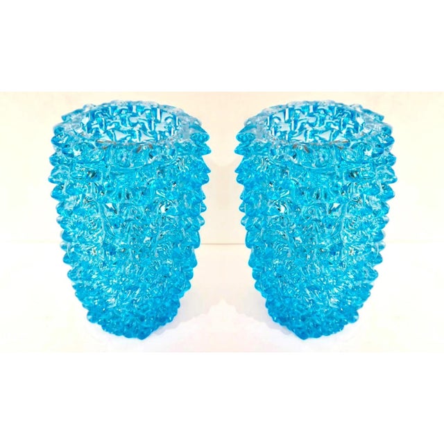 Pair of Art Deco Style Italian Aquamarine Murano Glass Centerpiece Vases For Sale - Image 9 of 10