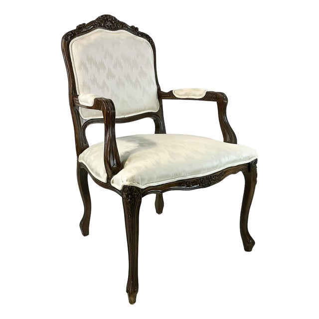 1980s Vintage Hollywood Regency French Provincial Open Arm Bergere Side Chair, Newly Reupholstered For Sale