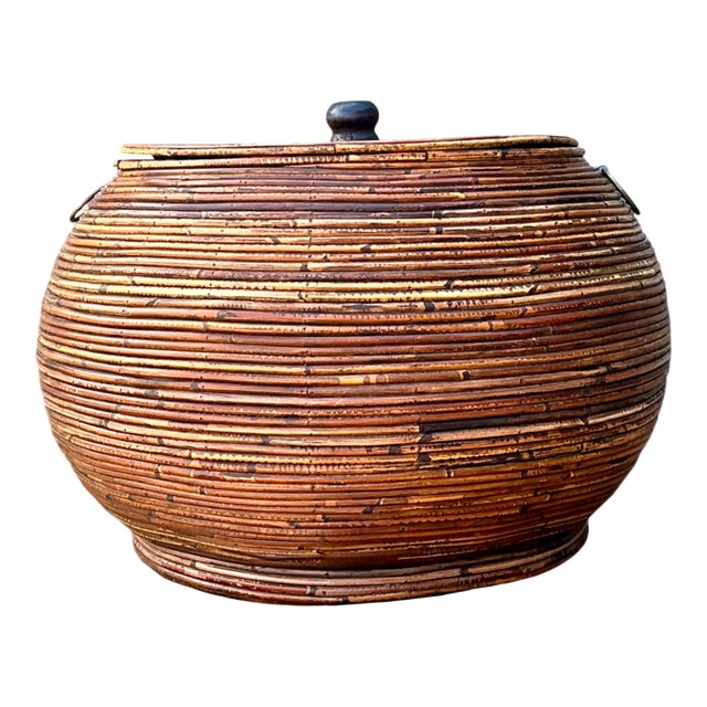 Vintage Pencil Reed Lidded Basket For Sale