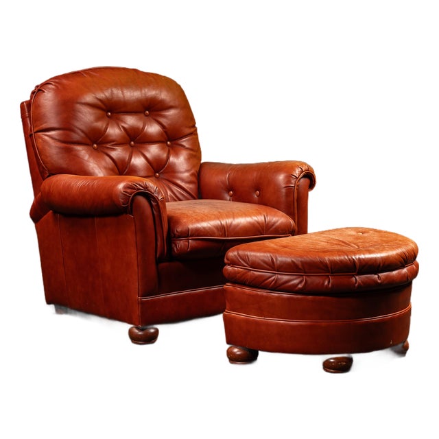 Vintage Tufted Leather Lounge Chair and Ottoman in Red For Sale