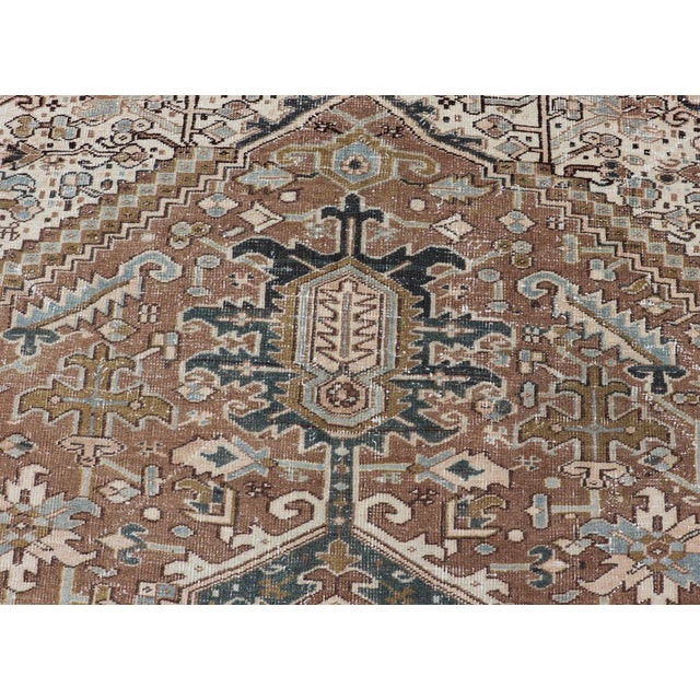 Early 20th Century Persian Antique Heriz Rug With Geometric Design in Blue's, Tan, Cream, and Brown 11'5 X 14'7 For Sale - Image 5 of 17