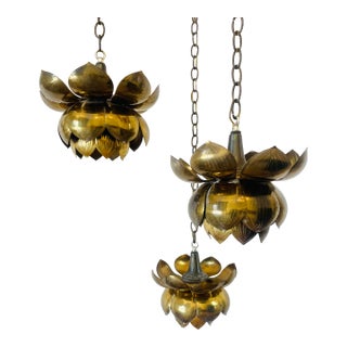Vintage 1960s 3 Tiered Brass Lotus Flower Pendant Light by Feldman Hollywood Regency Chinoiserie Chic Style For Sale