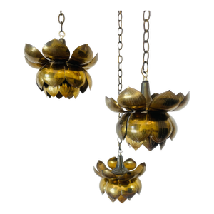 Vintage 1960s 3 Tiered Brass Lotus Flower Pendant Light by Feldman Hollywood Regency Chinoiserie Chic Style