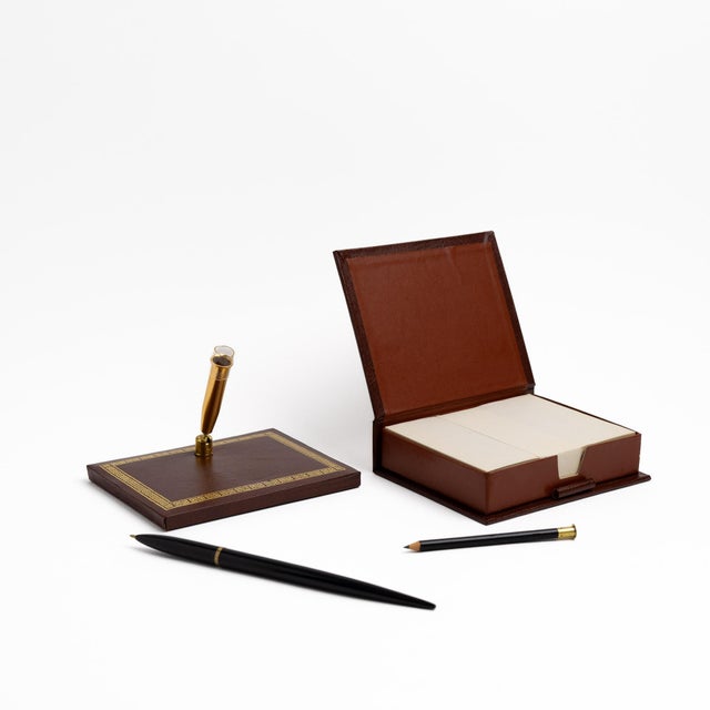 1970s Vintage Brown Leather Desk Accessory Set - 4 Pieces For Sale - Image 5 of 13