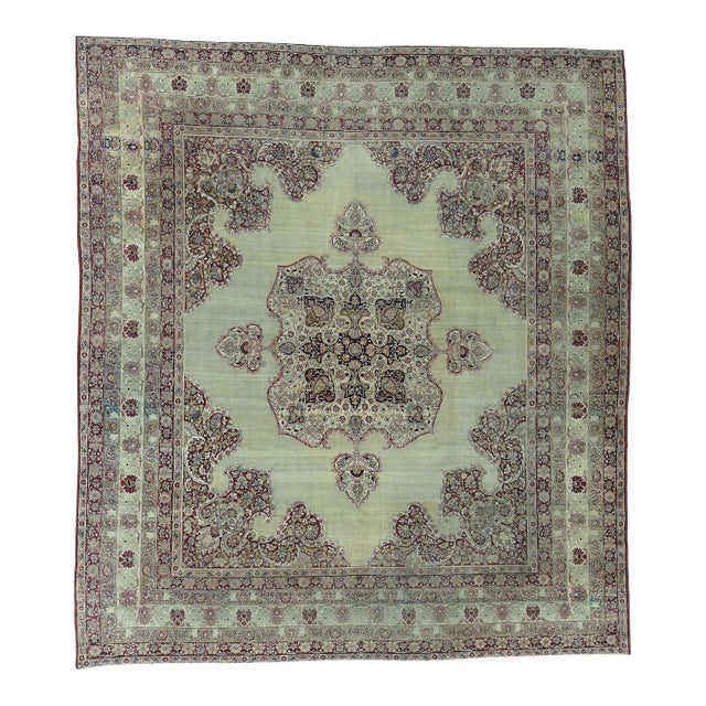 Late 19th Century Antique Lavar Kerman Ivory Medallion Rug For Sale
