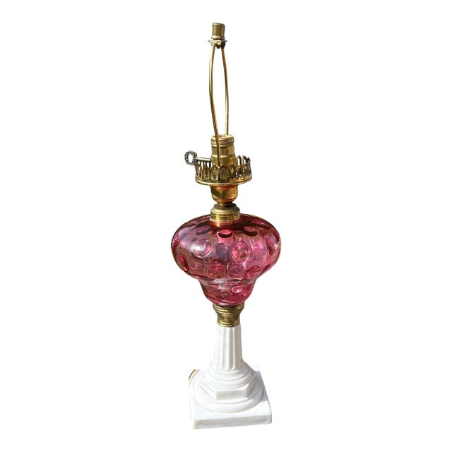 Antique Cranberry Glass Lamp With Milk Glass Base For Sale