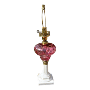 Antique Cranberry Glass Lamp With Milk Glass Base