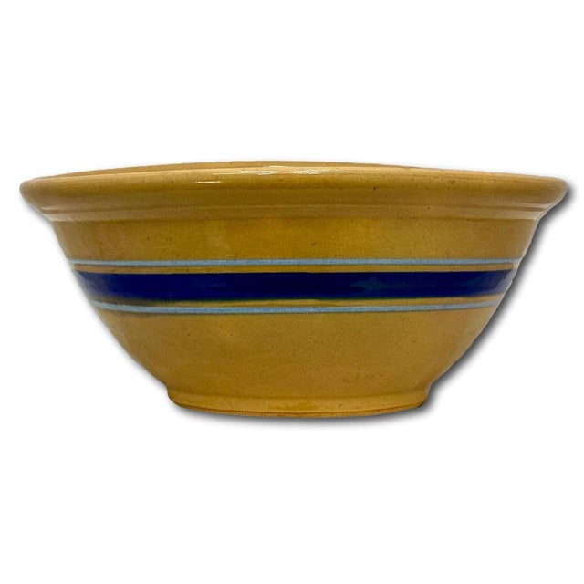 Blue Antique Thick Yellow Ware 12 Inch Kitchen Mixing Bowl With Unusual 2 Color Blue Banded Decoration - Late 1800s. For Sale - Image 8 of 18