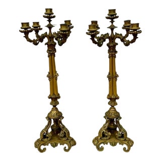 Exceptional Pair of French Restoration Period Gilt Bronze 5-Light Candelabras France, Circa 1830 For Sale