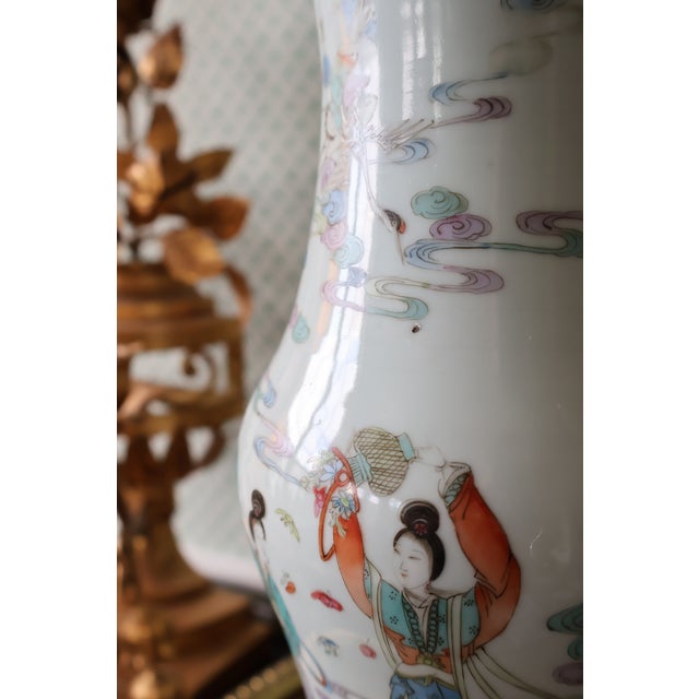 Mid 20th Century Vintage Chinese Celadon-Ground Famille Rose Celestial Figure Porcelain Table Lamp For Sale - Image 5 of 18