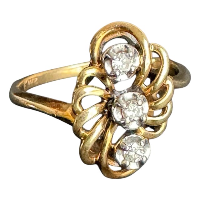 Vintage 14k Gold & Diamond Ring Swirled Freeform Cluster Three Stone Size 6.25 For Sale