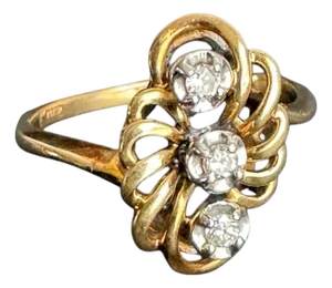 Vintage 14k Gold & Diamond Ring Swirled Freeform Cluster Three Stone Size 6.25