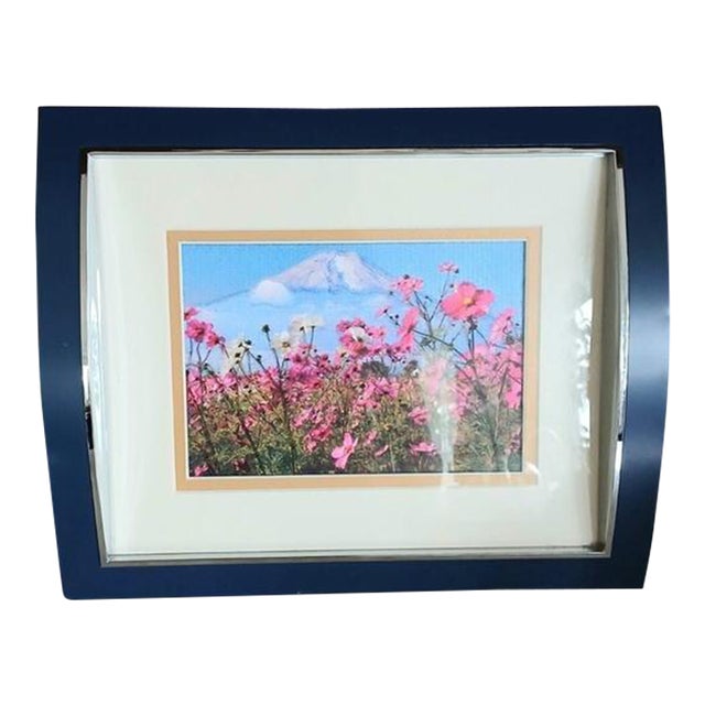 1970s MCM 3D Foil Art Deco Diorama Scene Mt Fuji Pink Cosmos Flower Concave Blue Frame For Sale