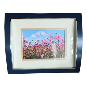 1970s MCM 3D Foil Art Deco Diorama Scene Mt Fuji Pink Cosmos Flower Concave Blue Frame
