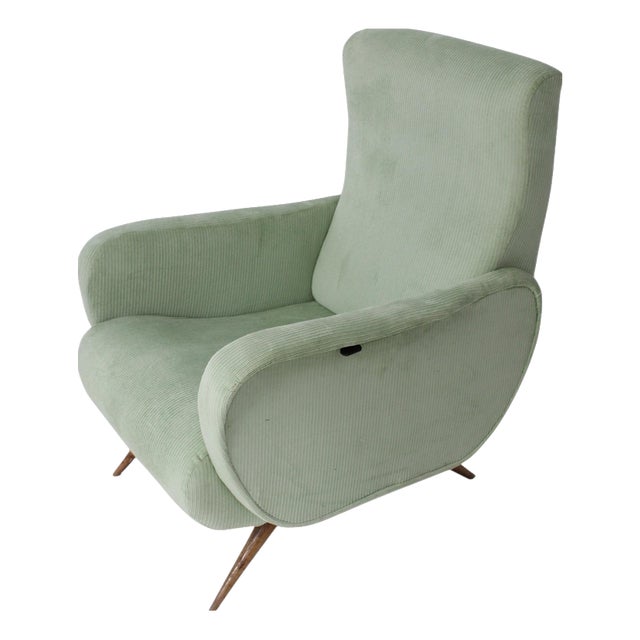Vintage Green Ribbed Reclining Lounge Chair, Italy, 1950 For Sale