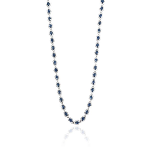 Metal Estate Blue Sapphire Diamond Art Deco Tennis Necklace in 18k White Gold For Sale - Image 7 of 16