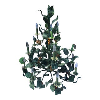 Vintage Mid 20th Century Tole Leaf Chandelier For Sale