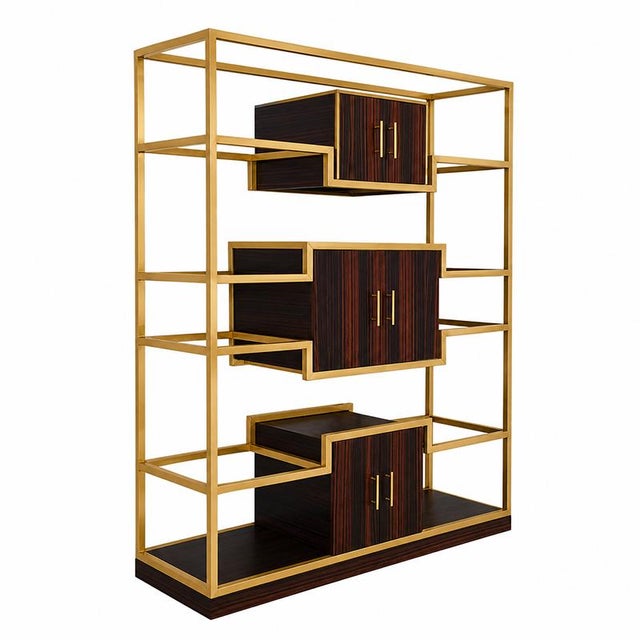 Brass and Wood Bookcase, 1980s For Sale - Image 3 of 5