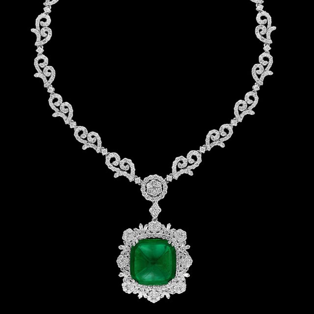 GIA 17 Ct Sugar Loaf Cabochon Colombian Emerald & 13 Ct Diamond Necklace 18KWG For Sale - Image 17 of 18