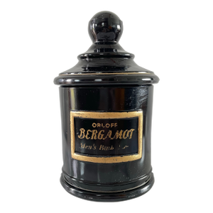 Vintage Black Glass Apothecary Jar Jean Vivaudou Co. Orloff Bergamot Men's Bath Talc
