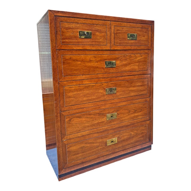 Vintage Campaign Tall Dresser Highboy in Henredon Style For Sale