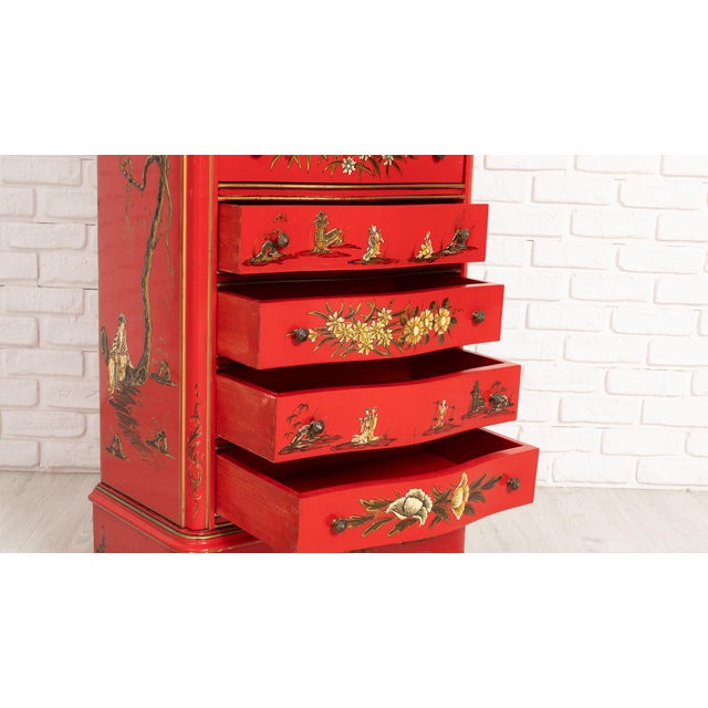 1960s Mid-Century Red Lacquer Chinoiserie Secretary Chest and Side Tables, 1960s, Set of 3 For Sale - Image 5 of 8