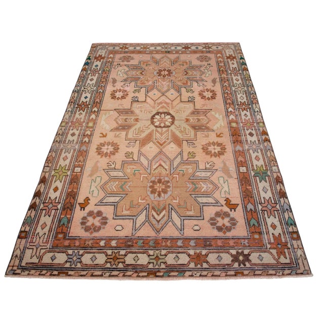 Textile Distressed Turkish Rug Hand Knotted Vintage Oushak Area Rug - 4′ × 6′10″ For Sale - Image 7 of 13