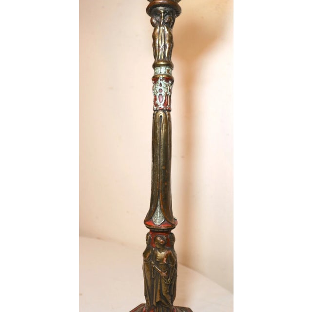 Gothic Antique Bronze Clad Glass Figural 4 Graces Putti Polychromed Electric Table Lamp For Sale - Image 3 of 12