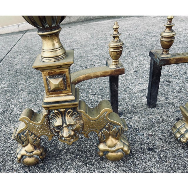 English Large Early 20th Century Brass Andirons/Firedogs/Chenets With Lion Heads Ball & Claw Feet- a Pair For Sale - Image 3 of 12