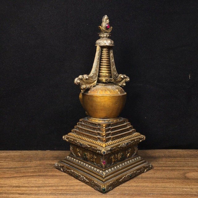 Vintage Tibetan Gilt Bronze Stupa - Buddhist Reliquary Pagoda With Gemstone Inlay For Sale - Image 4 of 9