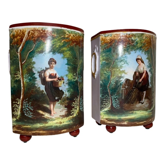 Pair of Antique Ornate French 19th Century Hand Painted Enameled Porcelain Vase For Sale