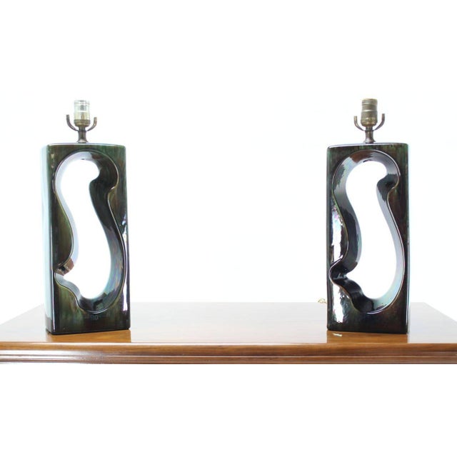 Ceramic Pierced Cube Shape Glazed to High Gloss Pottery Table Lamps MINT! For Sale - Image 7 of 7