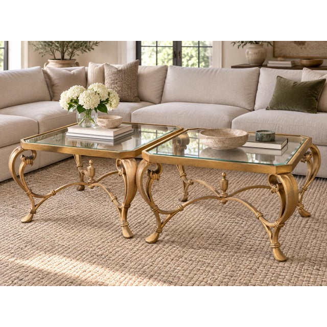 Offered as a matching pair, these substantial vintage end tables unite sculptural metalwork, original gold-leaf finish,...