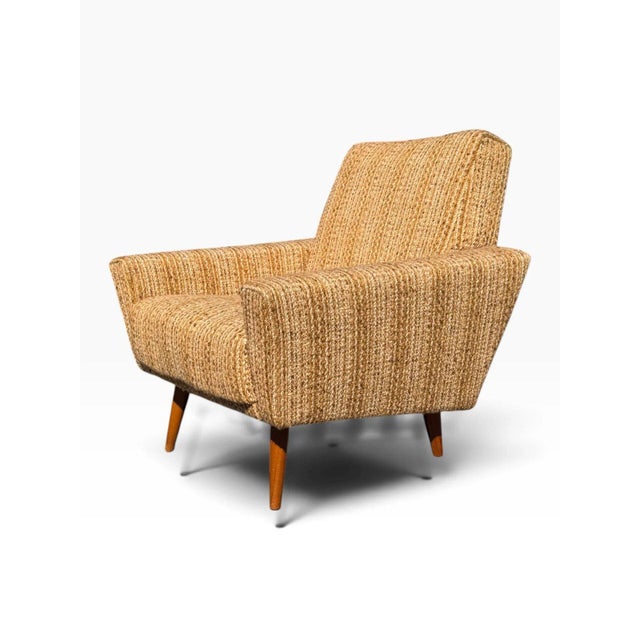 Beige Pair of Danish Modern Lounge Chairs | Sculptural Flared Arms in Woven Tweed | Tapered Wood Legs | C. 1960s For Sale - Image 8 of 16