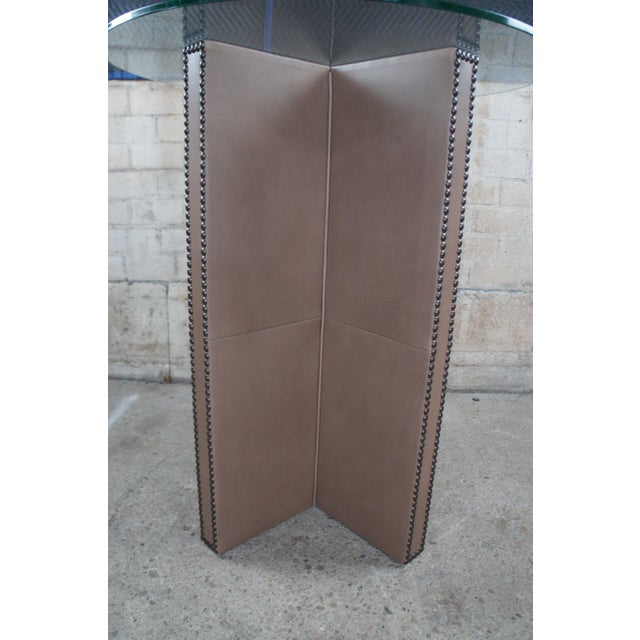 Brown Late 20th Century 2 Custom Brown Leather Modern Round Glass Top Pub Bistro Tables - Set of 2 For Sale - Image 8 of 12