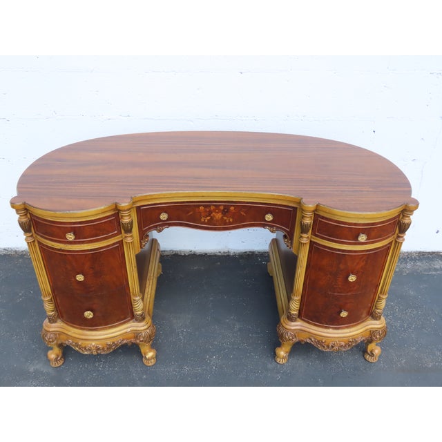 French Early 1900s Kidney Shape Carved Inlaid Writing Desk 6885 For Sale - Image 16 of 18