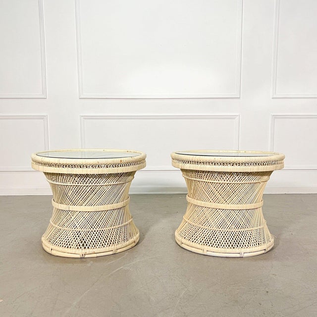Boho Chic 1970's Woven Buri Rattan Hand Painted Circular Side Tables - A Pair For Sale - Image 3 of 8