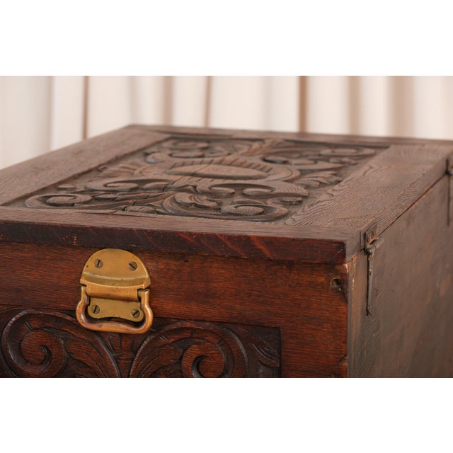 Vintage Jacobean Style Carved Oak Chest For Sale - Image 4 of 16