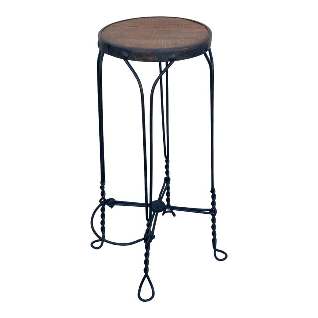 Early 20th Century Late Victorian Ice Cream Parlor Oak & Iron Bar Stool For Sale