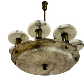 Art Deco Alabaster and Brass 8-Arm Chandelier, 1930s For Sale
