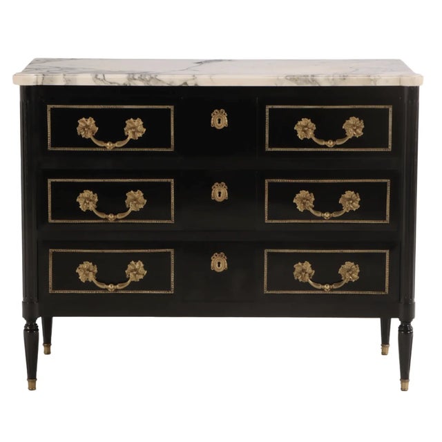 Stunning ebonized Mahogany Louis XVI Maison Jansen Style Marble Top Commode With Bronze Hardware C 1940