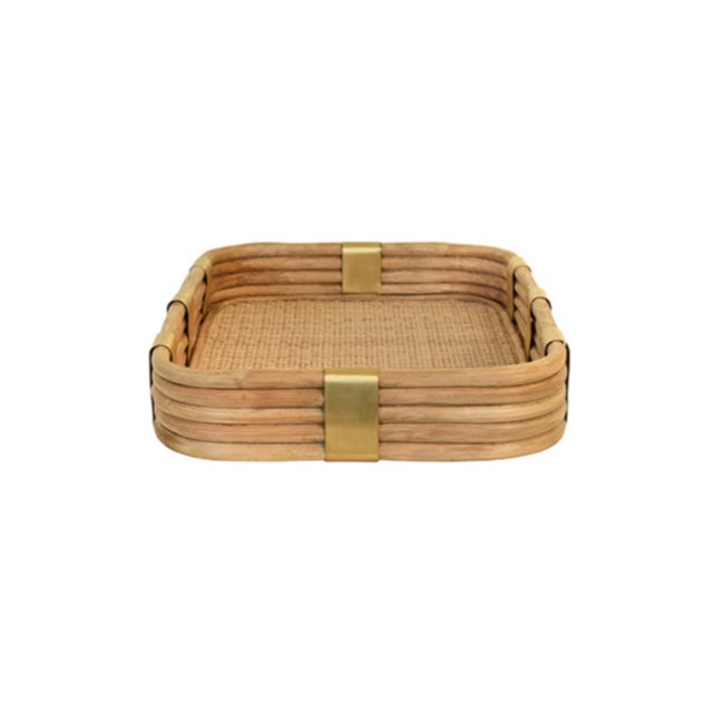 Worlds Away Matthew Izzo Home Barley Rattan & Brass Serving Tray For Sale - Image 4 of 5
