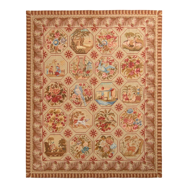 1920s Handmade Antique Needlepoint Rug in Beige-Brown Floral Pictorial Pattern For Sale