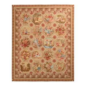 1920s Handmade Antique Needlepoint Rug in Beige-Brown Floral Pictorial Pattern