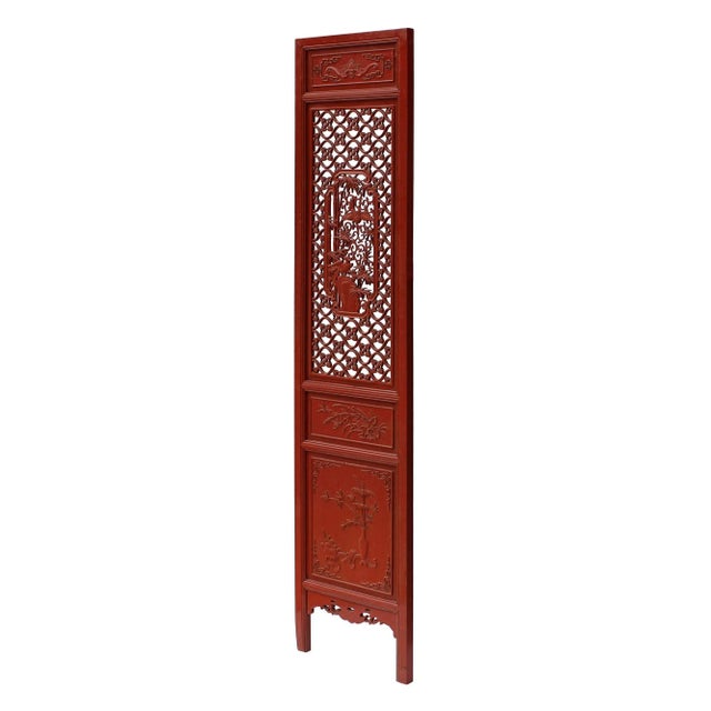 Chinese Red Paint Geometric Flower Bird Accent Narrow Floor Panel Headboard For Sale - Image 5 of 8