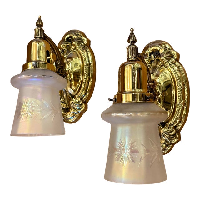 Vintage Pair of Brass Sconces With Iridescent Etched Shades For Sale