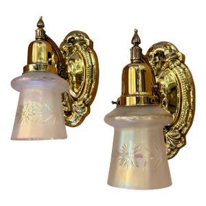 Vintage Pair of Brass Sconces With Iridescent Etched Shades
